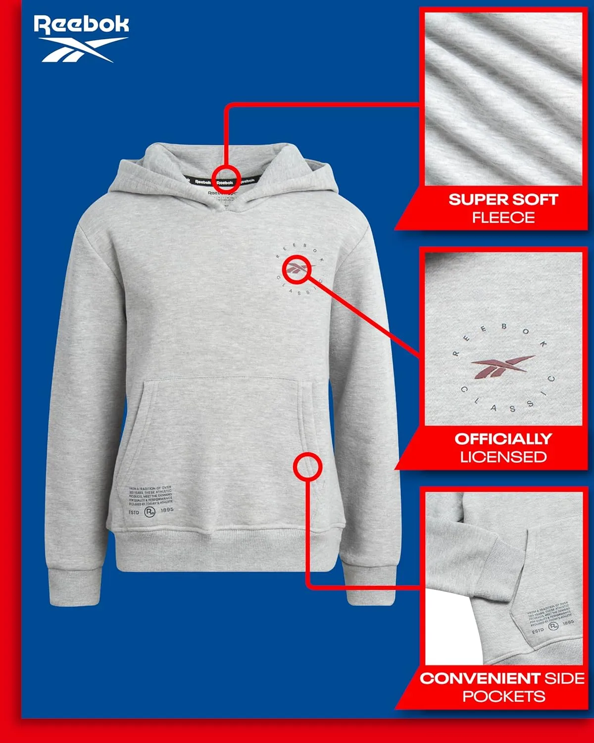 Reebok Boys Sweatshirt  Active Fleece Pullover Hoodie (Size: 4-20)