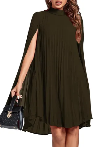 Rooscier Women's Mock Neck Cloak Sleeve Pleated Keyhole Back Flowy Party Midi Dress