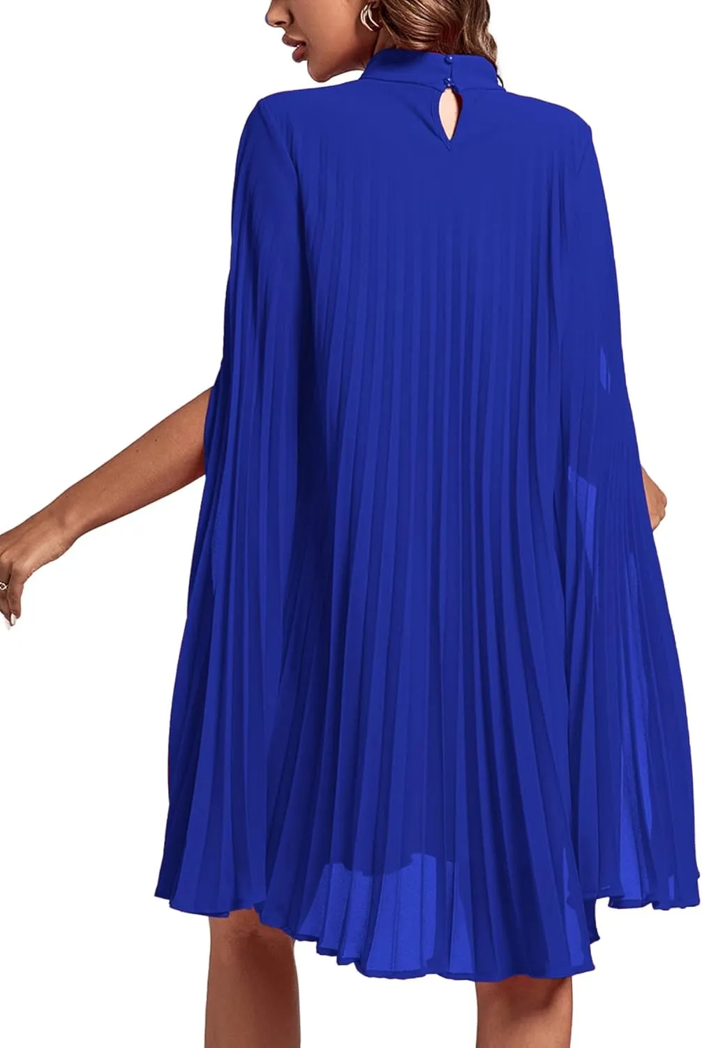 Rooscier Women's Mock Neck Cloak Sleeve Pleated Keyhole Back Flowy Party Midi Dress
