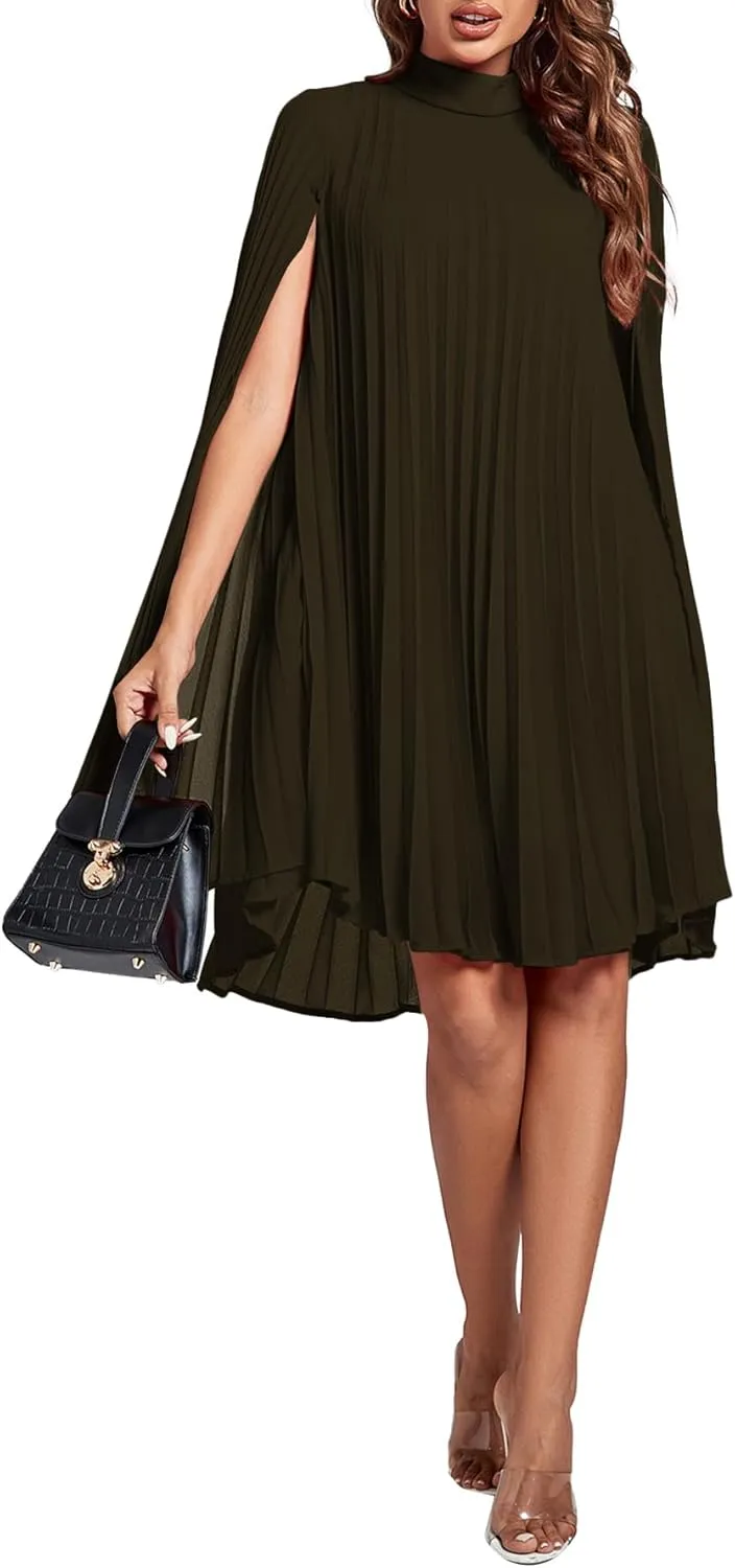 Rooscier Women's Mock Neck Cloak Sleeve Pleated Keyhole Back Flowy Party Midi Dress