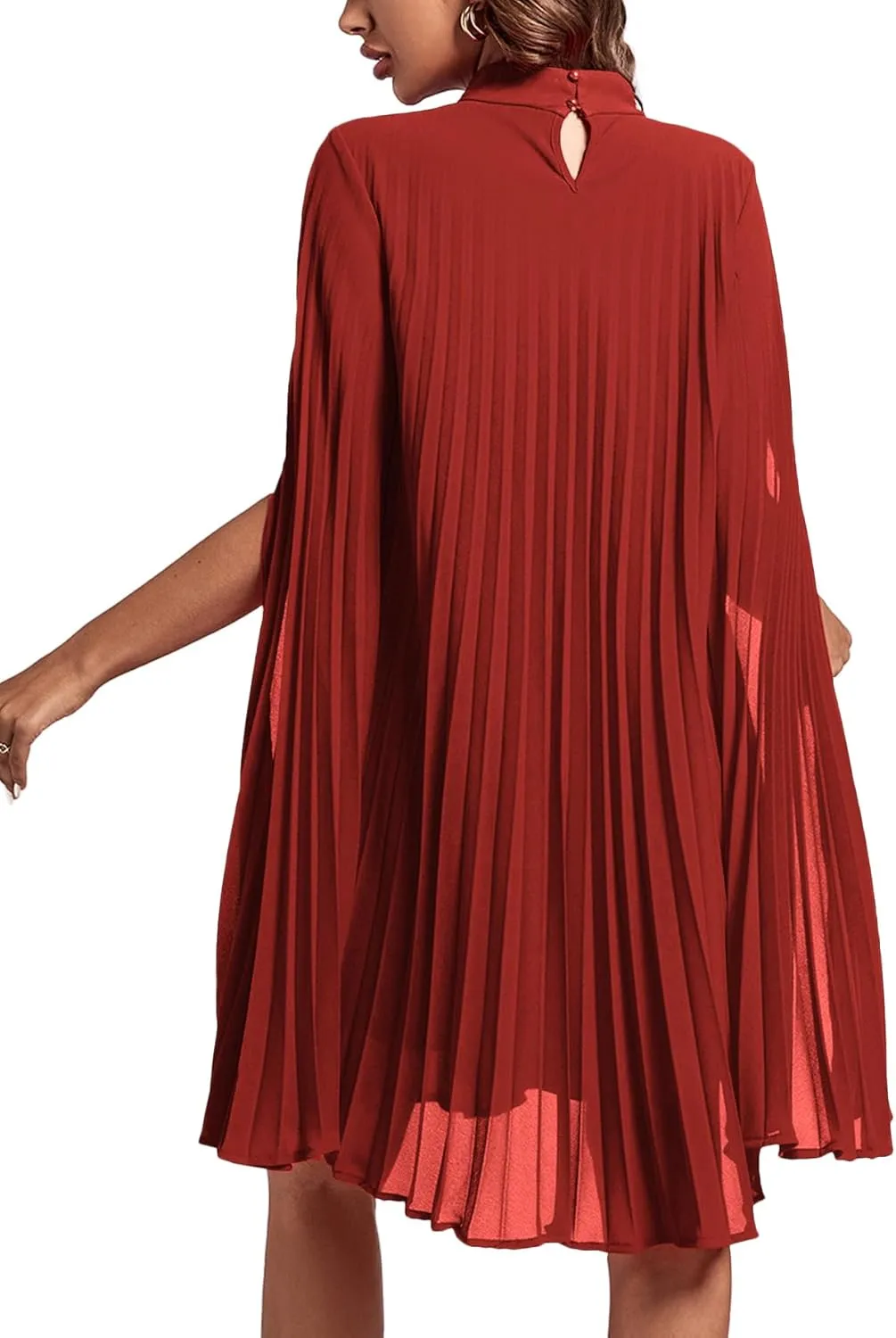 Rooscier Women's Mock Neck Cloak Sleeve Pleated Keyhole Back Flowy Party Midi Dress