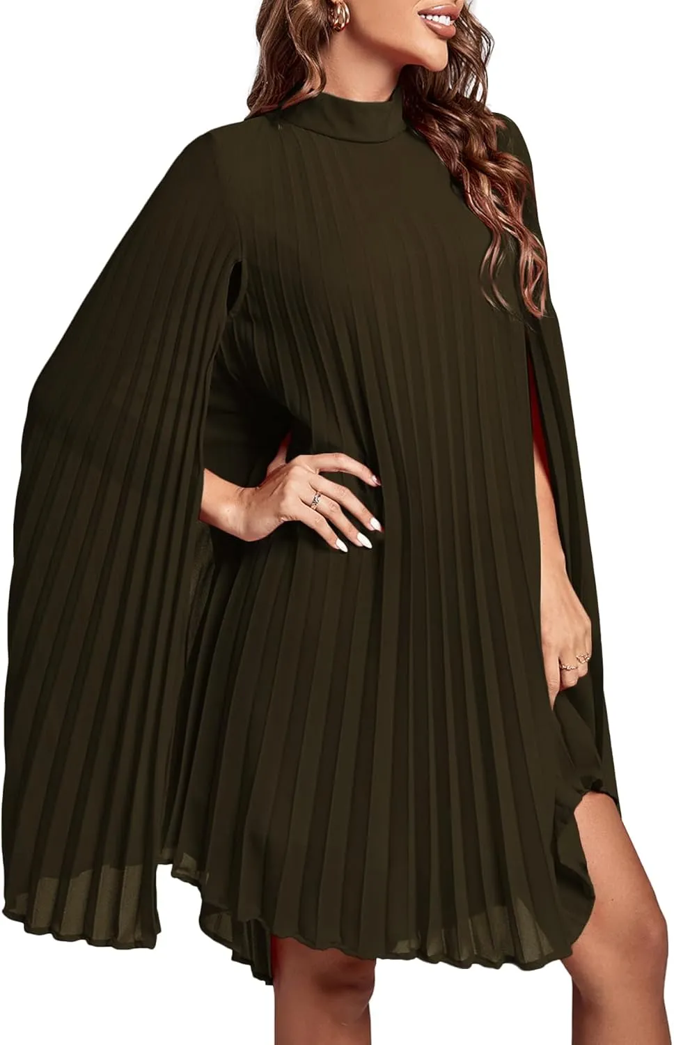 Rooscier Women's Mock Neck Cloak Sleeve Pleated Keyhole Back Flowy Party Midi Dress