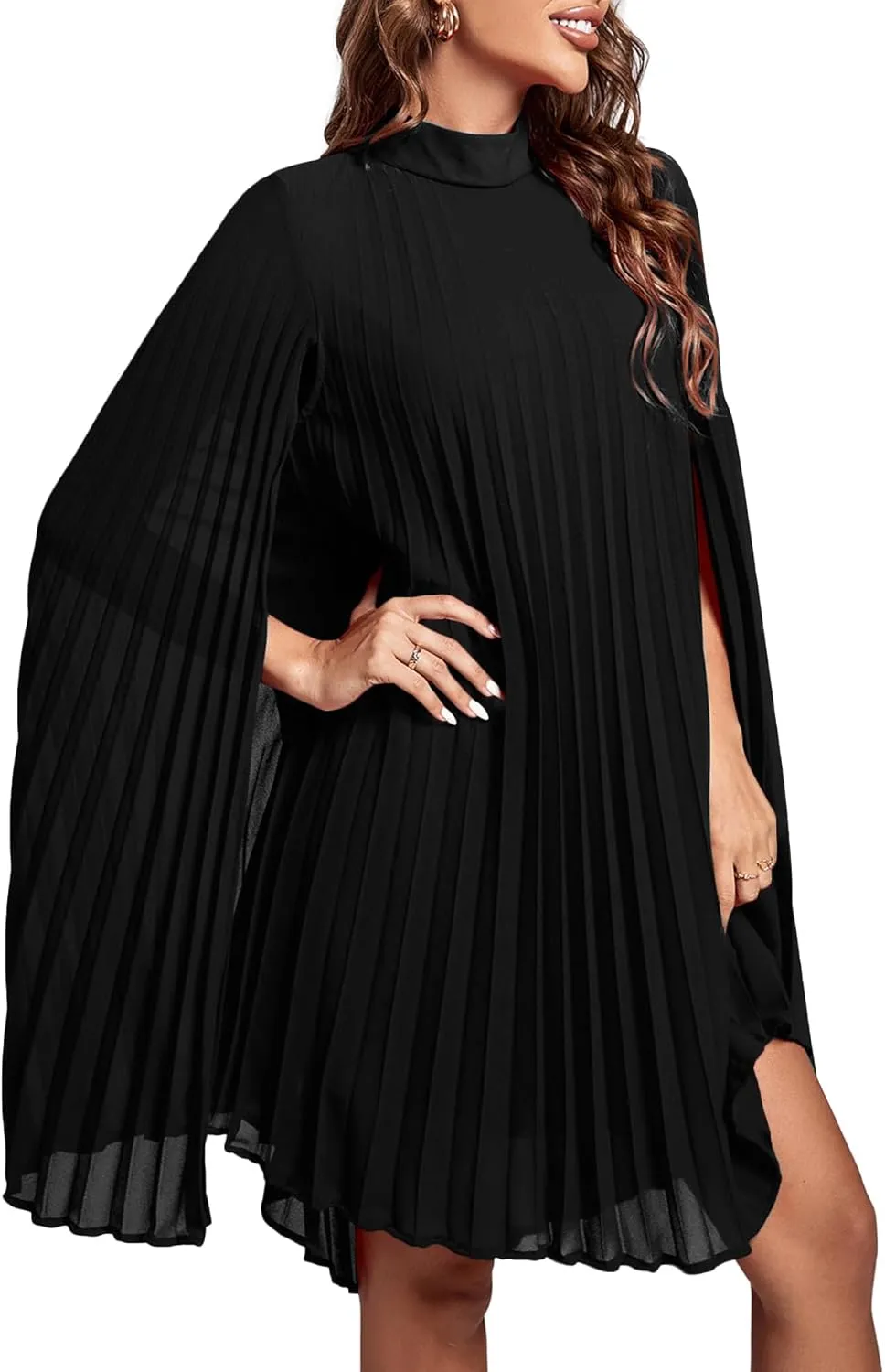 Rooscier Women's Mock Neck Cloak Sleeve Pleated Keyhole Back Flowy Party Midi Dress