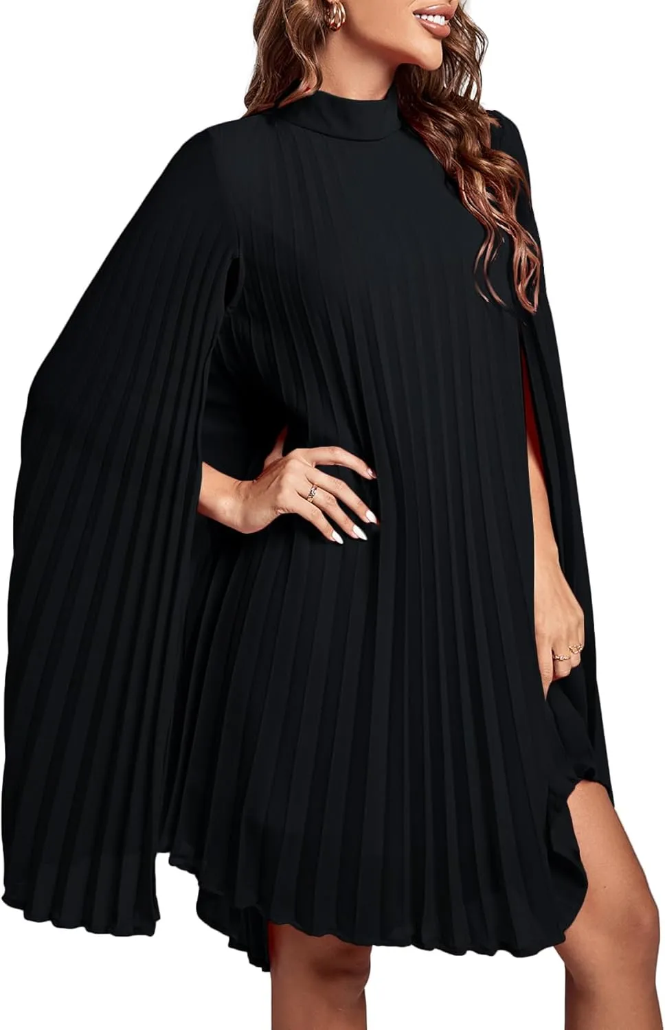 Rooscier Women's Mock Neck Cloak Sleeve Pleated Keyhole Back Flowy Party Midi Dress