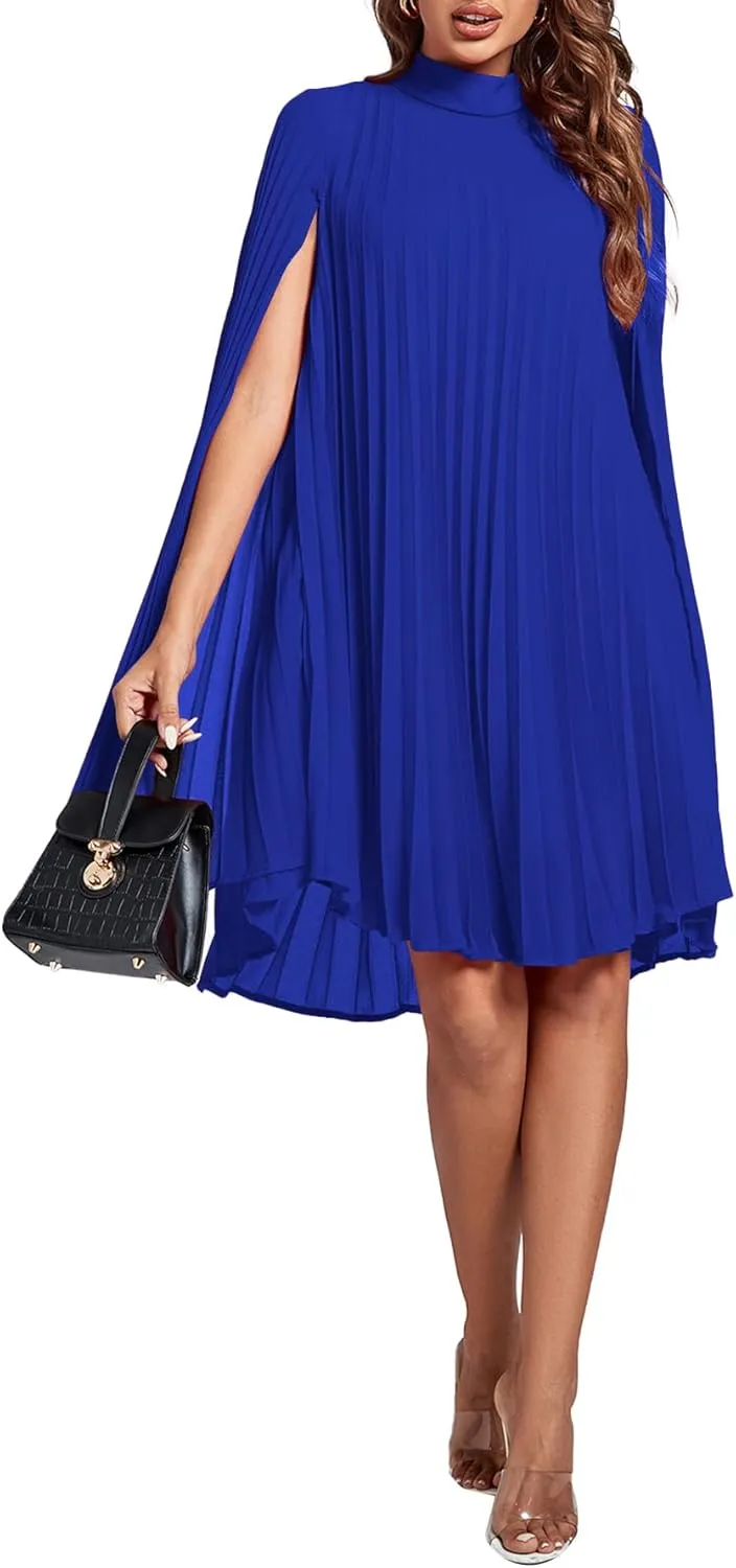 Rooscier Women's Mock Neck Cloak Sleeve Pleated Keyhole Back Flowy Party Midi Dress