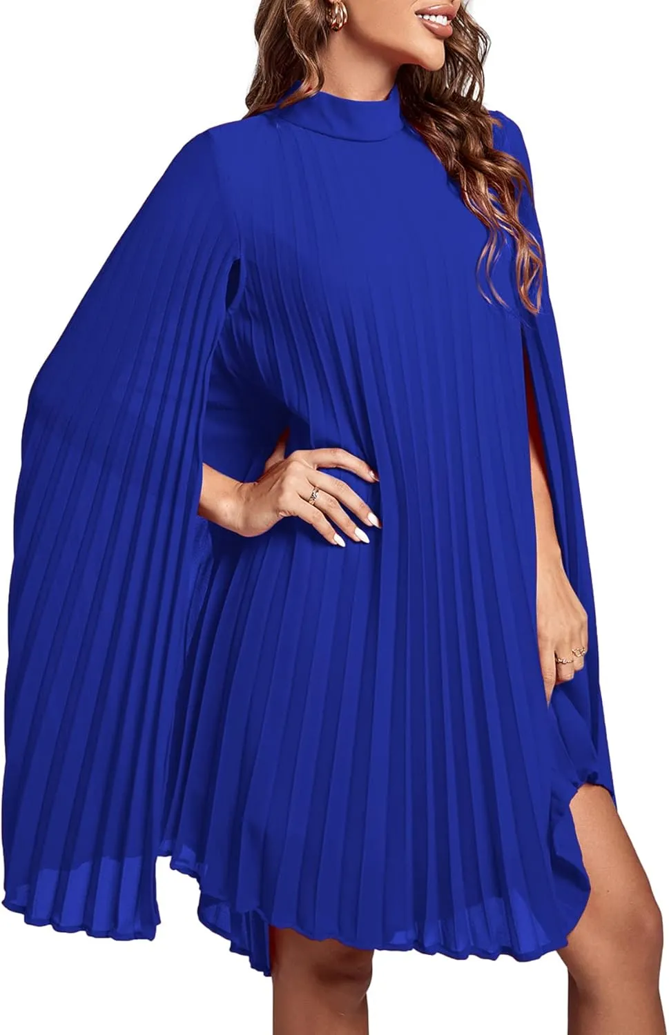 Rooscier Women's Mock Neck Cloak Sleeve Pleated Keyhole Back Flowy Party Midi Dress