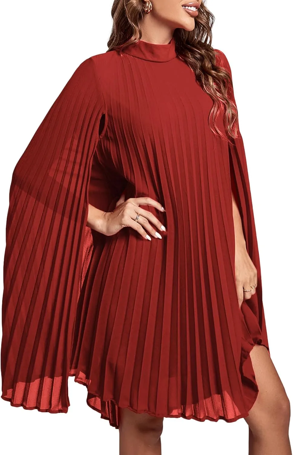 Rooscier Women's Mock Neck Cloak Sleeve Pleated Keyhole Back Flowy Party Midi Dress