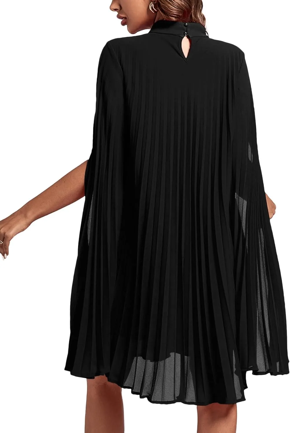 Rooscier Women's Mock Neck Cloak Sleeve Pleated Keyhole Back Flowy Party Midi Dress