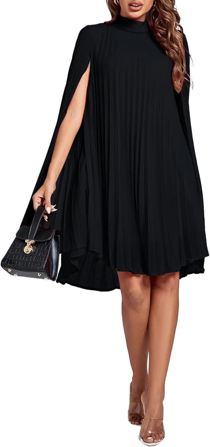 Rooscier Women's Mock Neck Cloak Sleeve Pleated Keyhole Back Flowy Party Midi Dress