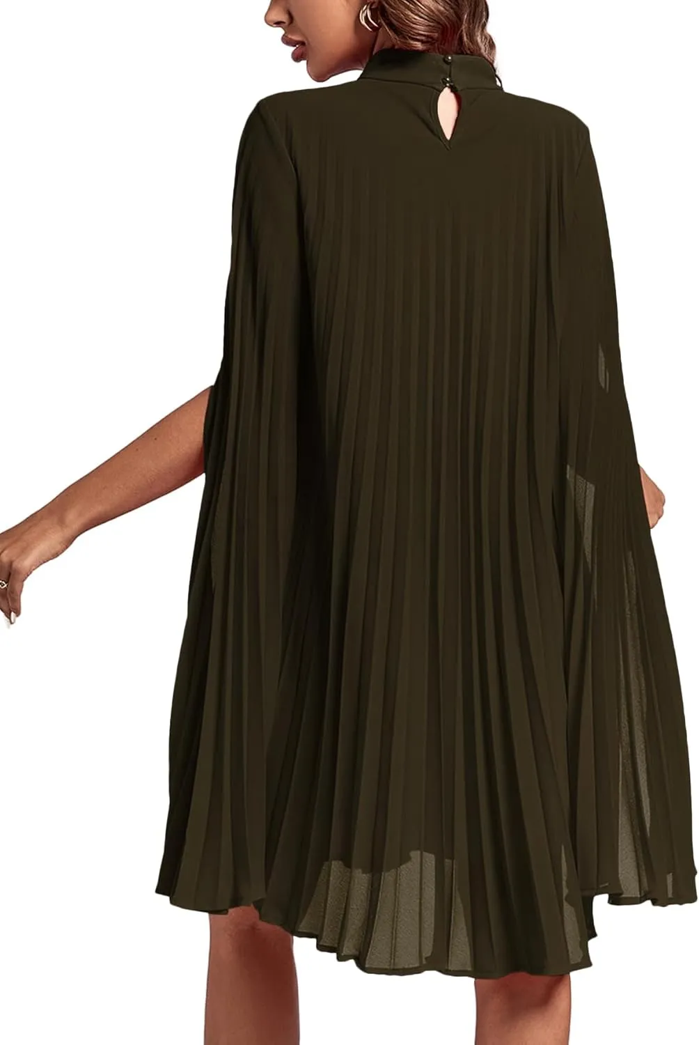 Rooscier Women's Mock Neck Cloak Sleeve Pleated Keyhole Back Flowy Party Midi Dress