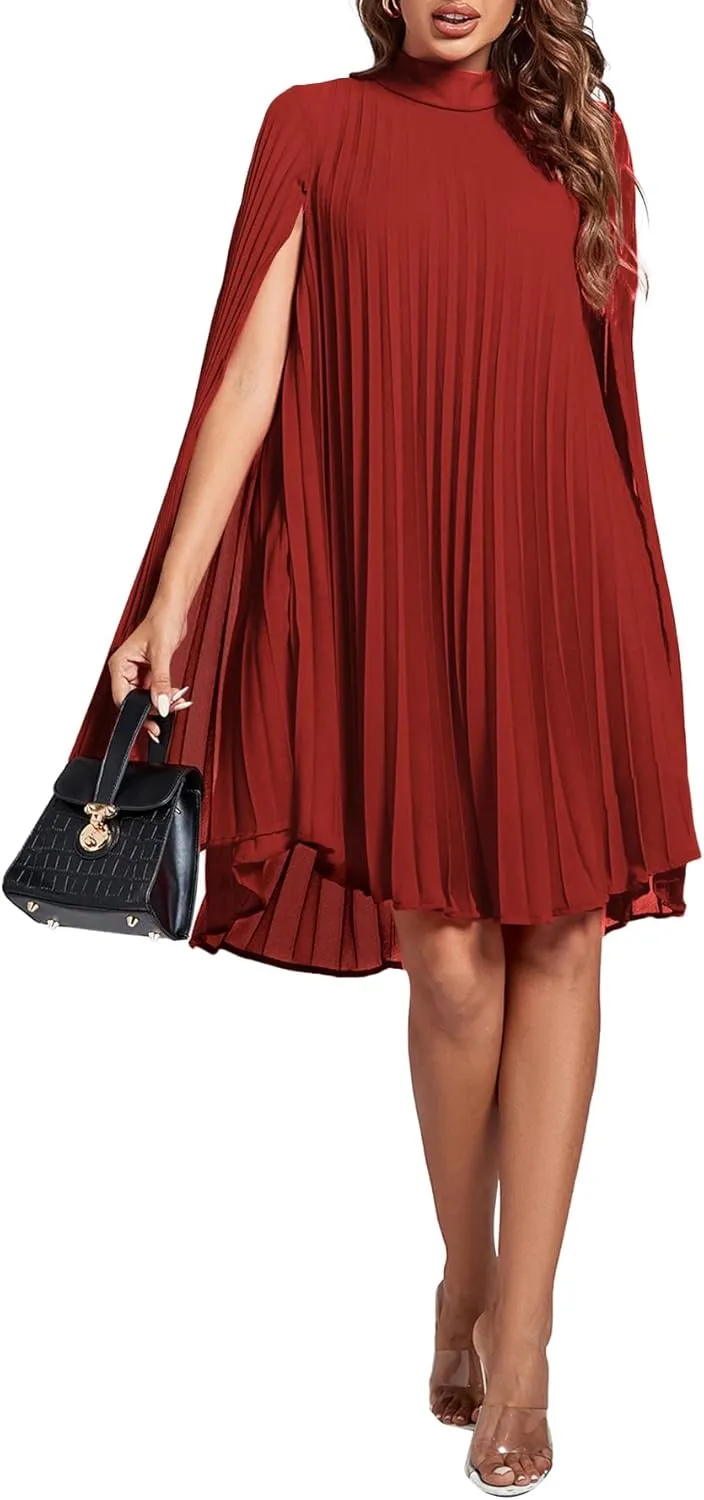Rooscier Women's Mock Neck Cloak Sleeve Pleated Keyhole Back Flowy Party Midi Dress