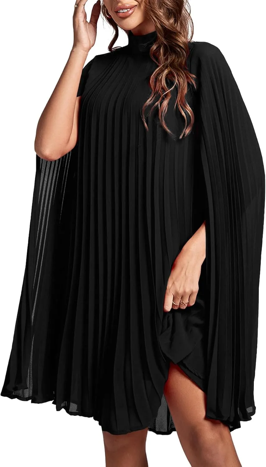 Rooscier Women's Mock Neck Cloak Sleeve Pleated Keyhole Back Flowy Party Midi Dress