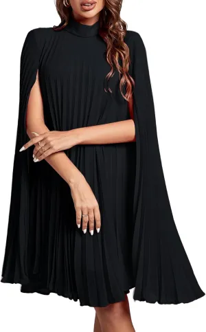 Rooscier Women's Mock Neck Cloak Sleeve Pleated Keyhole Back Flowy Party Midi Dress