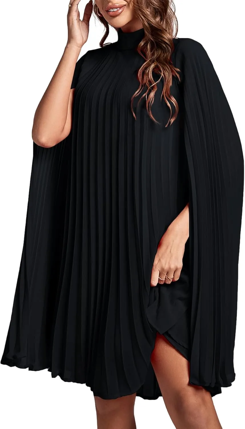 Rooscier Women's Mock Neck Cloak Sleeve Pleated Keyhole Back Flowy Party Midi Dress