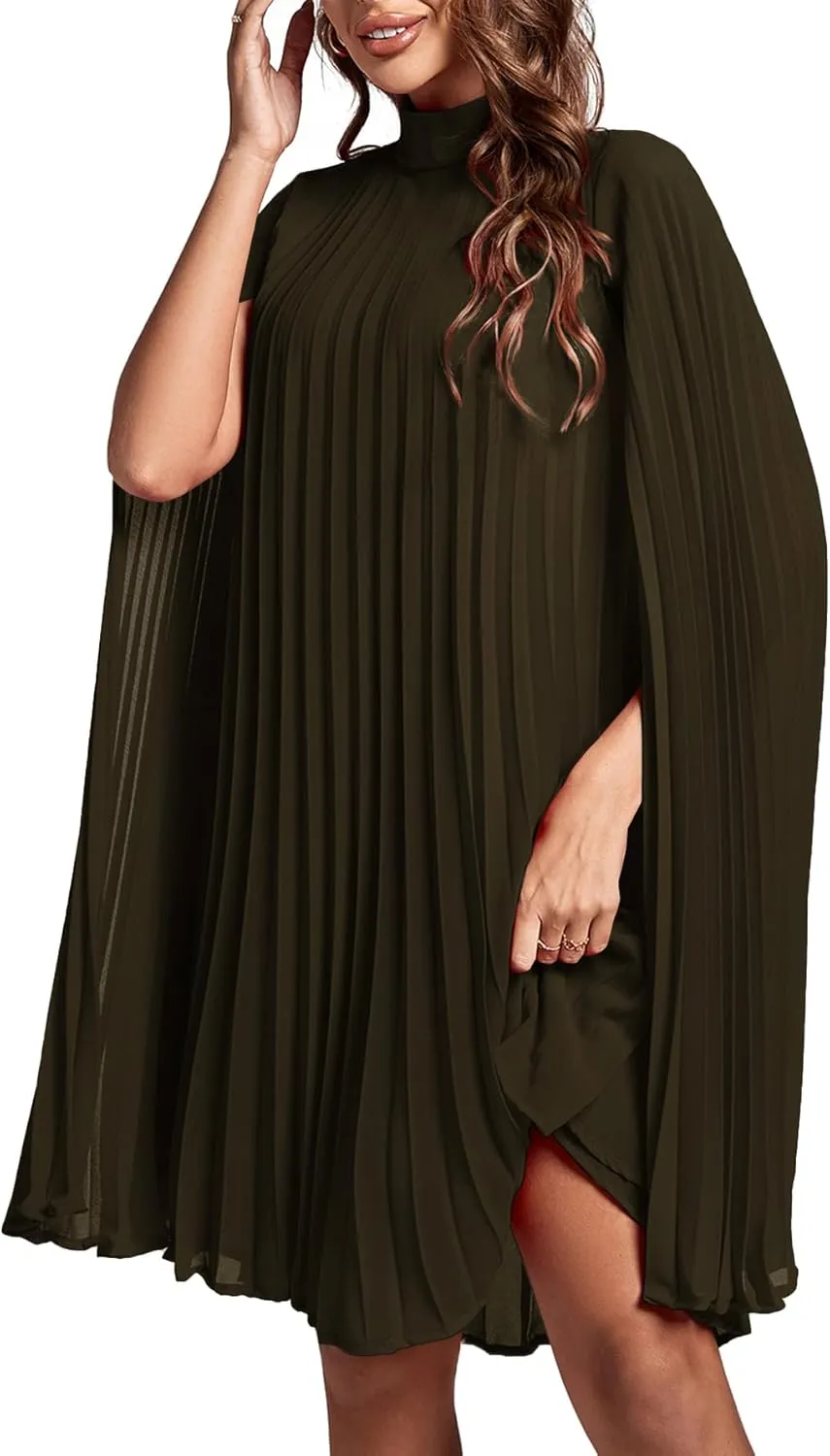Rooscier Women's Mock Neck Cloak Sleeve Pleated Keyhole Back Flowy Party Midi Dress