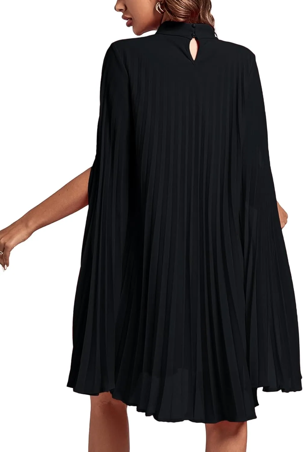 Rooscier Women's Mock Neck Cloak Sleeve Pleated Keyhole Back Flowy Party Midi Dress