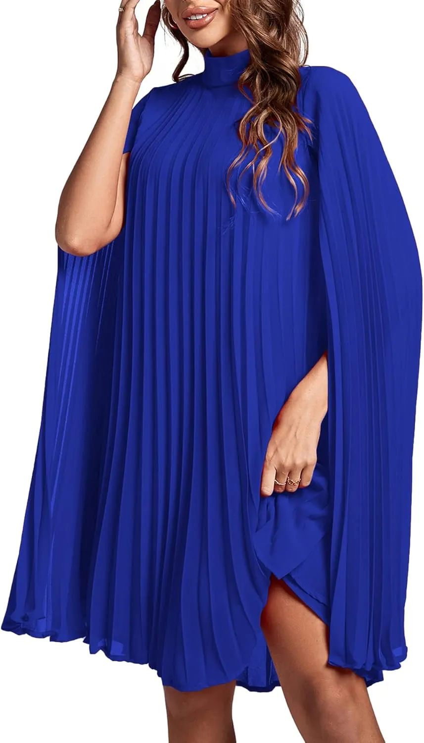 Rooscier Women's Mock Neck Cloak Sleeve Pleated Keyhole Back Flowy Party Midi Dress