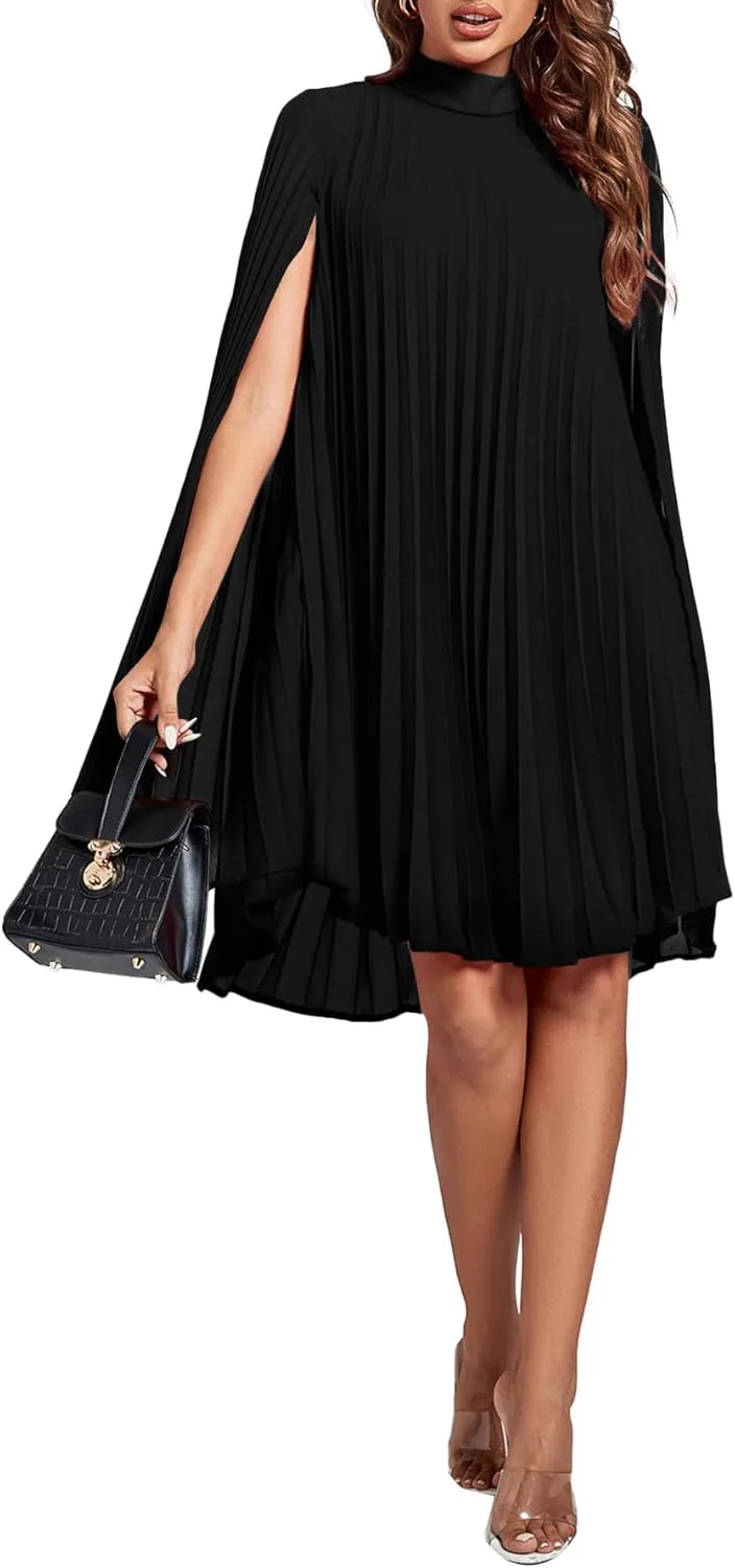 Rooscier Women's Mock Neck Cloak Sleeve Pleated Keyhole Back Flowy Party Midi Dress