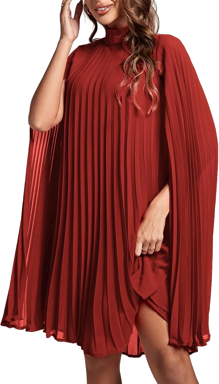 Rooscier Women's Mock Neck Cloak Sleeve Pleated Keyhole Back Flowy Party Midi Dress