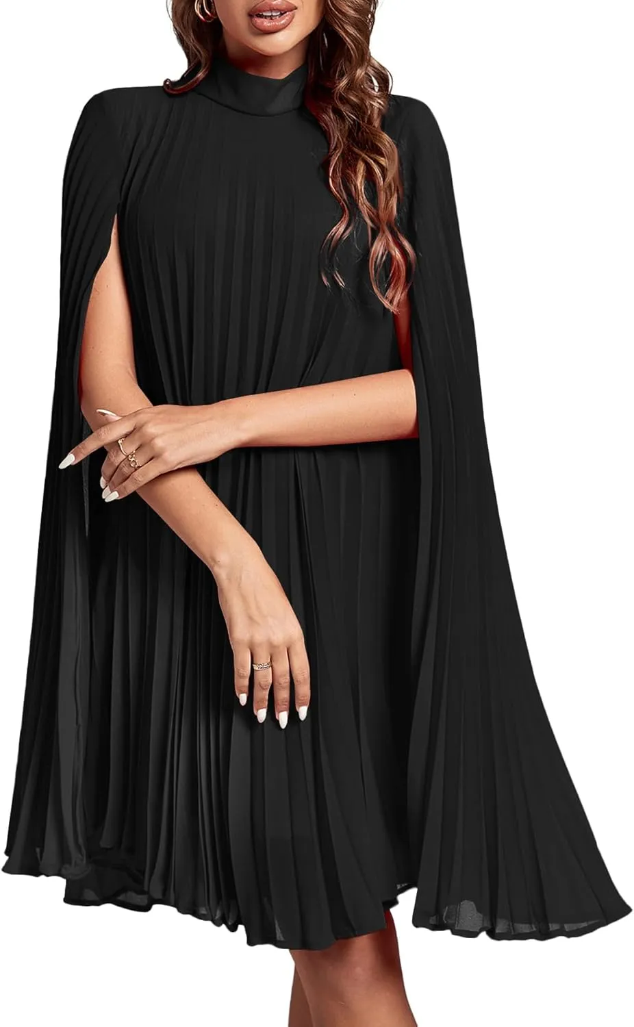 Rooscier Women's Mock Neck Cloak Sleeve Pleated Keyhole Back Flowy Party Midi Dress
