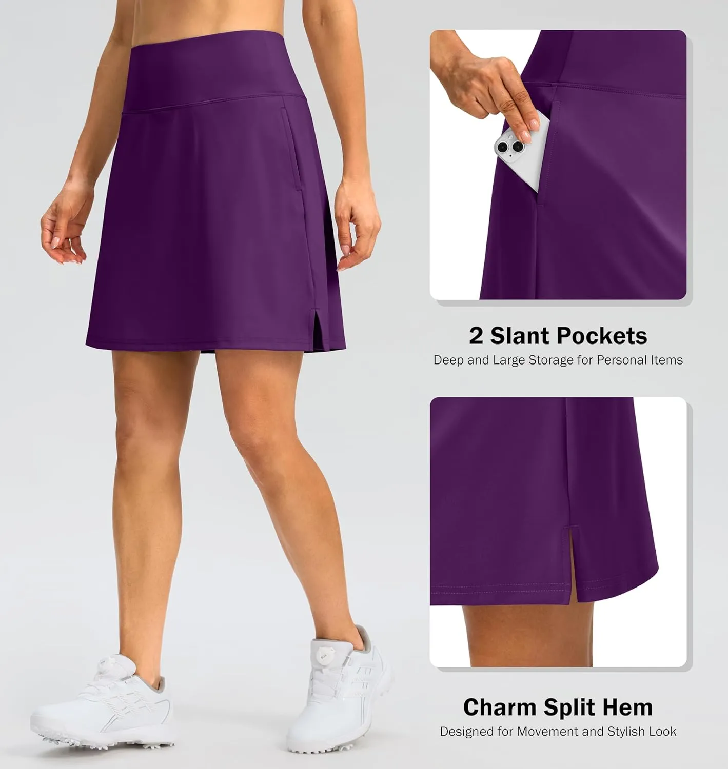 SANTINY 18" Skorts for Women 3 Pockets High Waist Long Athletic Tennis Skirt Golf Skort for Casual Summer Travel