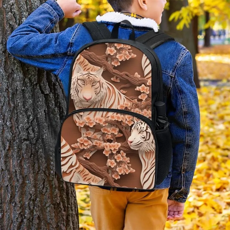 School Paper Sculpture Tiger Backpack Girls Large Capacity Water Bottle Holder Origami Style Tigers Daypacks Splash Resistant Bookbag Camping Study Rucksack Boys