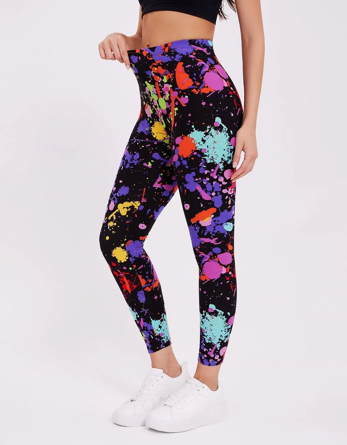 sissycos Women's 80s Leggings Neon Artistic Splash Printed Buttery Soft Stretchy Pants