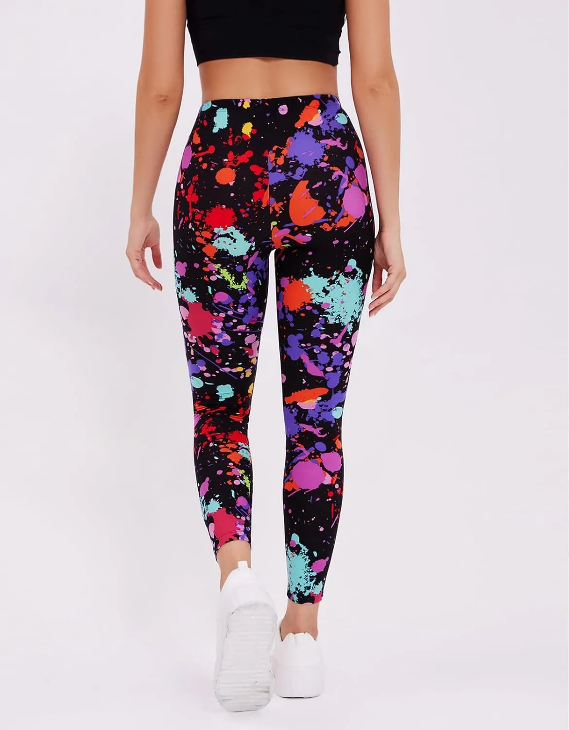 sissycos Women's 80s Leggings Neon Artistic Splash Printed Buttery Soft Stretchy Pants