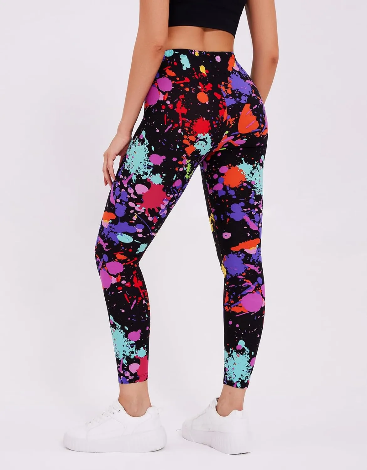 sissycos Women's 80s Leggings Neon Artistic Splash Printed Buttery Soft Stretchy Pants