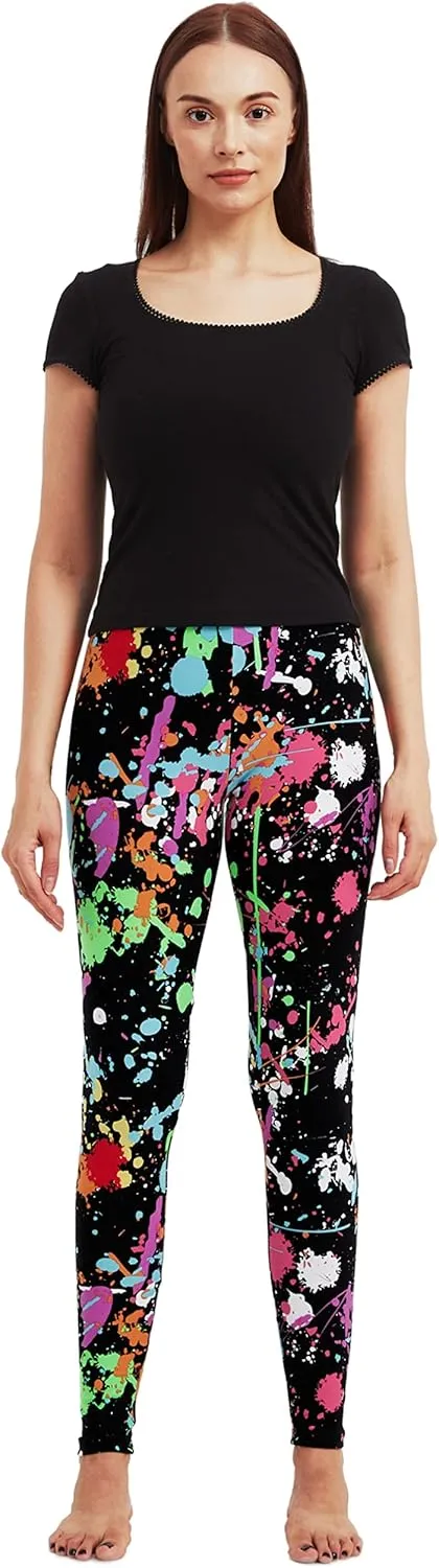 sissycos Women's 80s Leggings Neon Artistic Splash Printed Buttery Soft Stretchy Pants