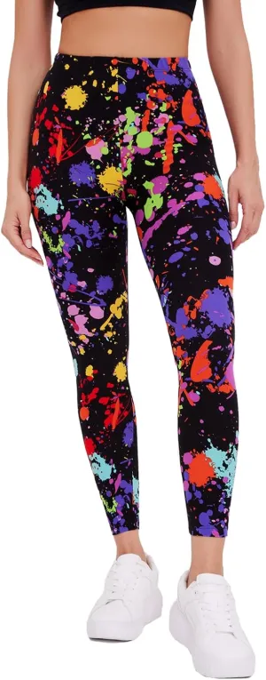 sissycos Women's 80s Leggings Neon Artistic Splash Printed Buttery Soft Stretchy Pants