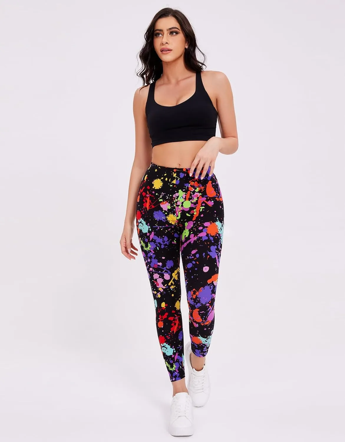 sissycos Women's 80s Leggings Neon Artistic Splash Printed Buttery Soft Stretchy Pants