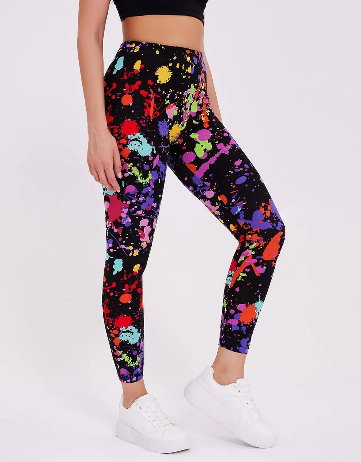 sissycos Women's 80s Leggings Neon Artistic Splash Printed Buttery Soft Stretchy Pants