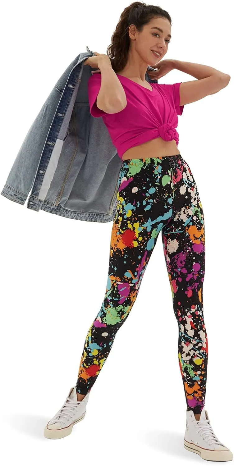 sissycos Women's 80s Leggings Neon Artistic Splash Printed Buttery Soft Stretchy Pants