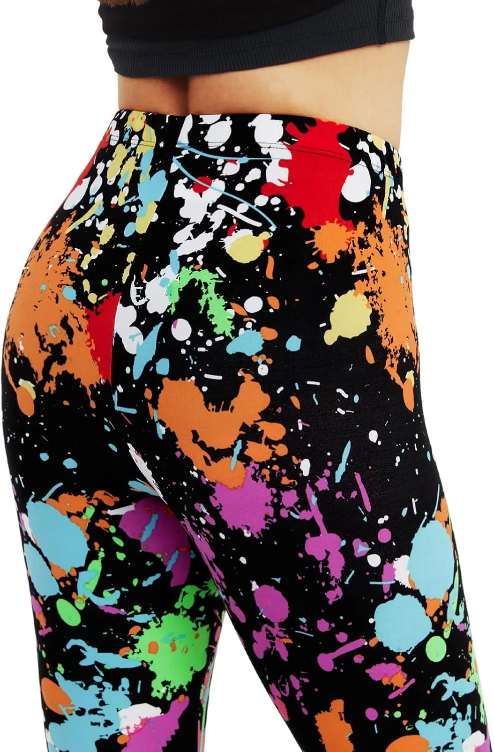 sissycos Women's 80s Leggings Neon Artistic Splash Printed Buttery Soft Stretchy Pants