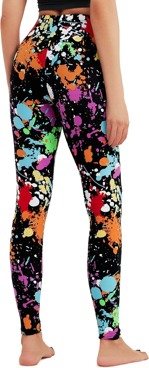 sissycos Women's 80s Leggings Neon Artistic Splash Printed Buttery Soft Stretchy Pants