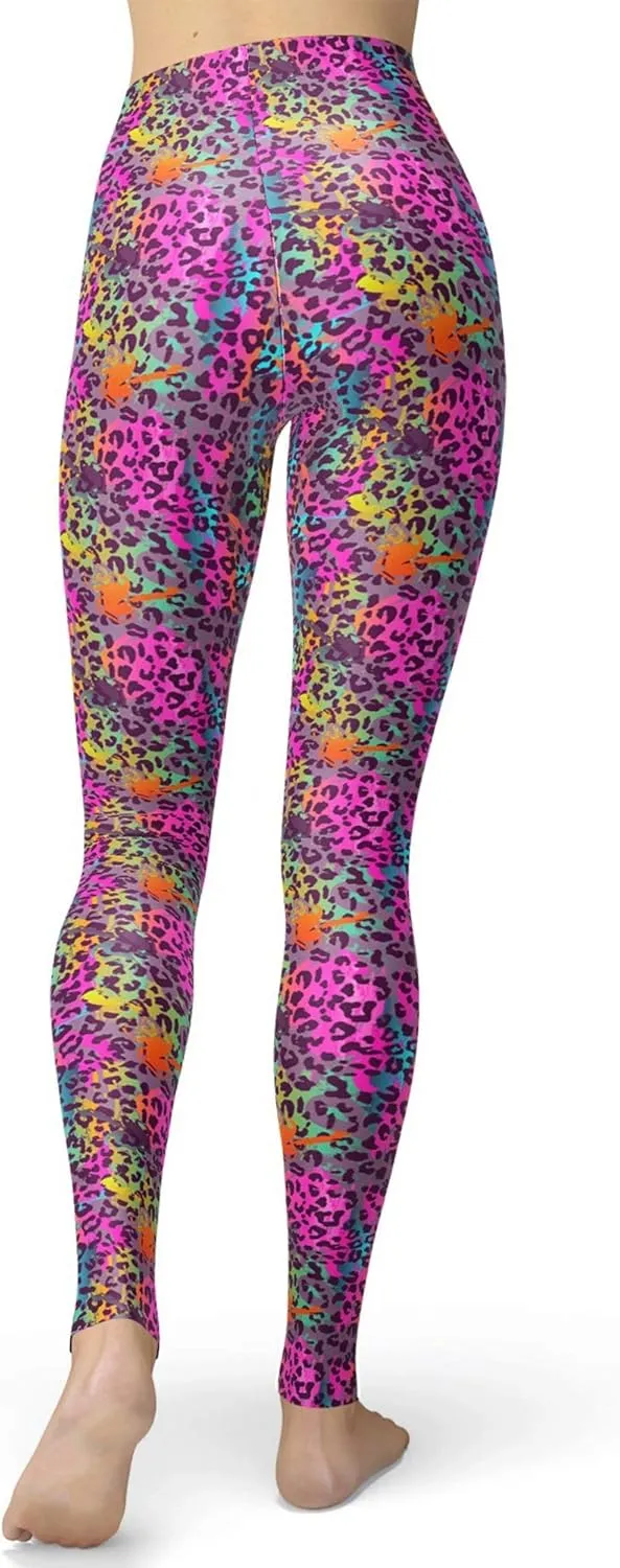 sissycos Women's 80s Leggings Neon Artistic Splash Printed Buttery Soft Stretchy Pants