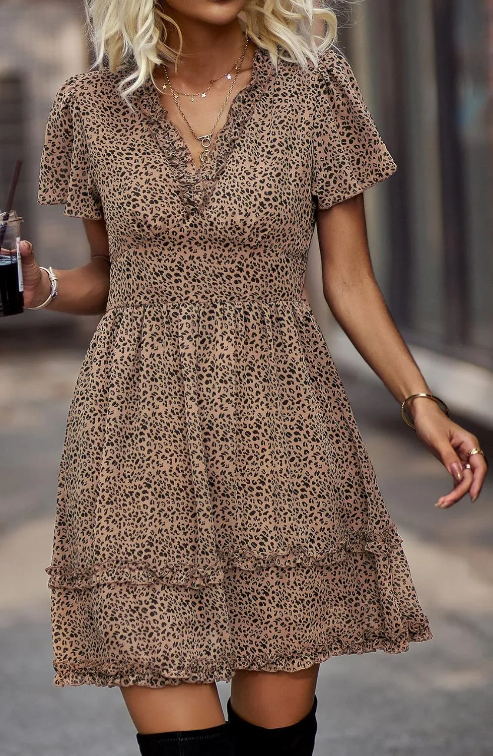Sister Amy Women's 2023 Spring Summer Deep V Neck Ruffle Long Sleeve Floral Print Mini Dress
