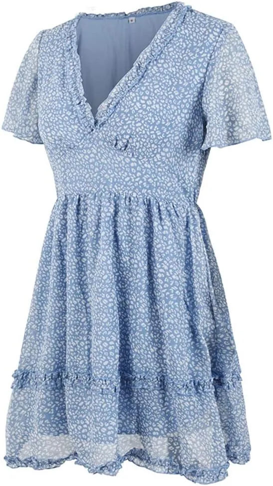 Sister Amy Women's 2023 Spring Summer Deep V Neck Ruffle Long Sleeve Floral Print Mini Dress