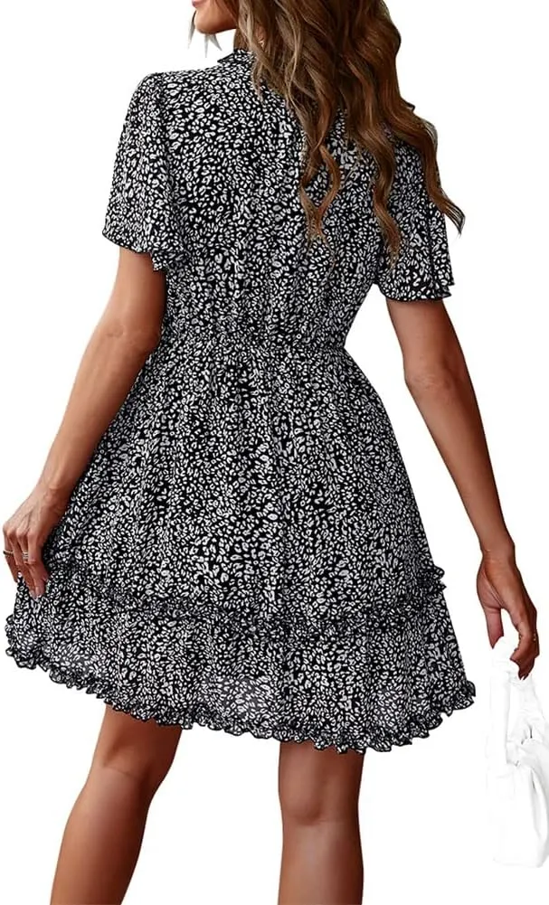 Sister Amy Women's 2023 Spring Summer Deep V Neck Ruffle Long Sleeve Floral Print Mini Dress