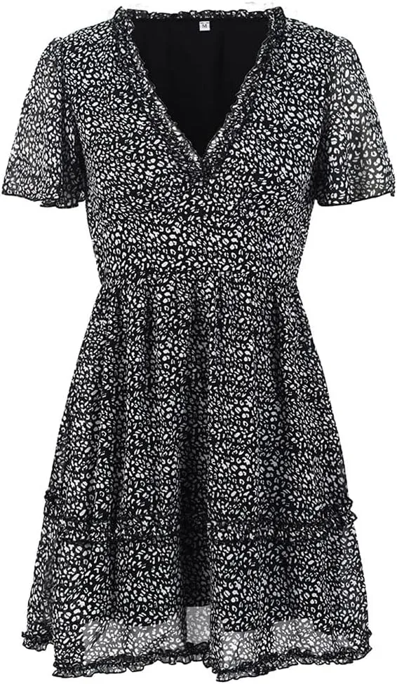 Sister Amy Women's 2023 Spring Summer Deep V Neck Ruffle Long Sleeve Floral Print Mini Dress