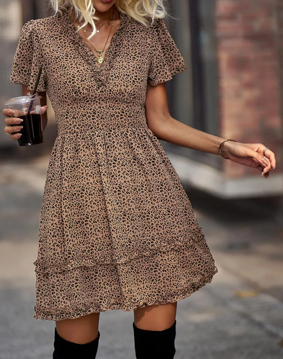 Sister Amy Women's 2023 Spring Summer Deep V Neck Ruffle Long Sleeve Floral Print Mini Dress