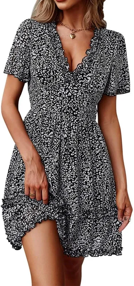 Sister Amy Women's 2023 Spring Summer Deep V Neck Ruffle Long Sleeve Floral Print Mini Dress