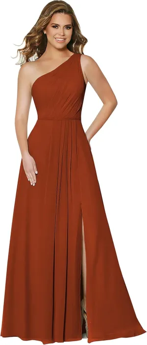 Skycity One Shoulder Bridesmaid Dresses Long Chiffon Ruched Side Slit Formal Dress with Pockets Z032