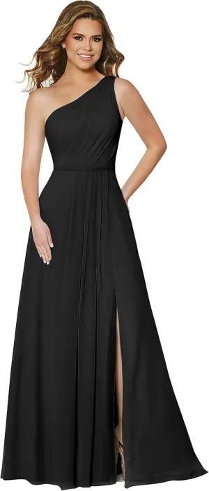 Skycity One Shoulder Bridesmaid Dresses Long Chiffon Ruched Side Slit Formal Dress with Pockets Z032