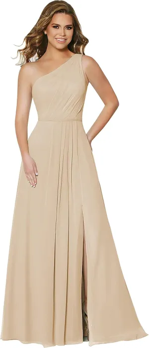 Skycity One Shoulder Bridesmaid Dresses Long Chiffon Ruched Side Slit Formal Dress with Pockets Z032