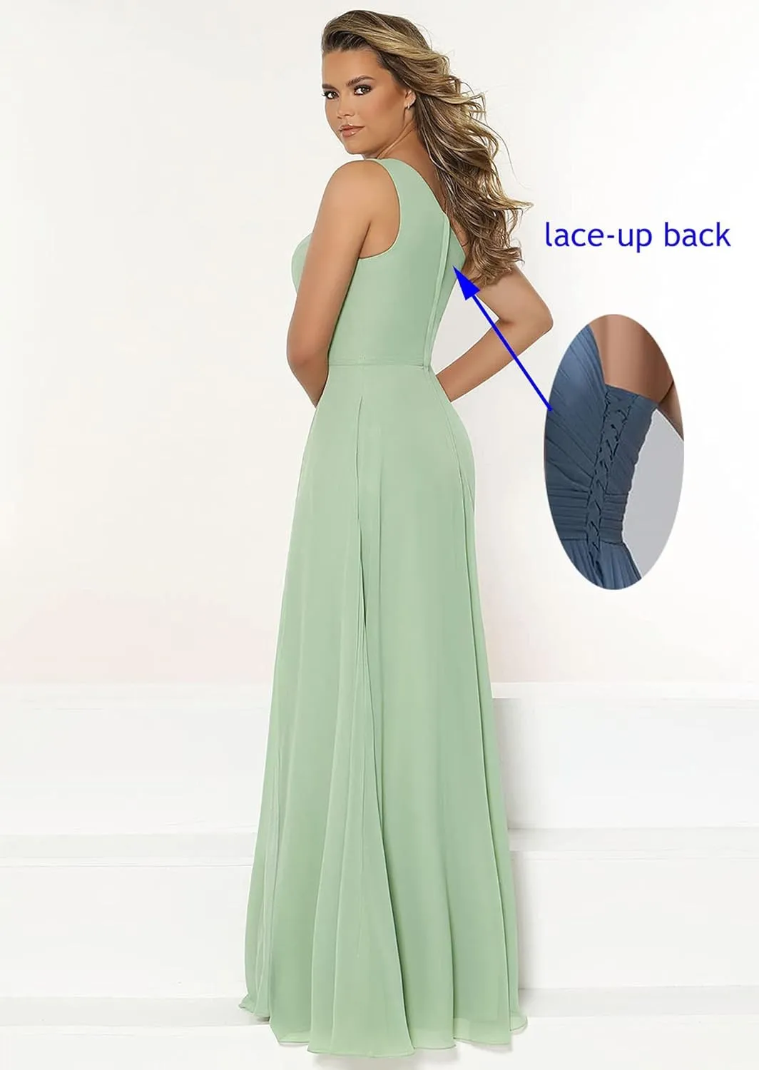 Skycity One Shoulder Bridesmaid Dresses Long Chiffon Ruched Side Slit Formal Dress with Pockets Z032