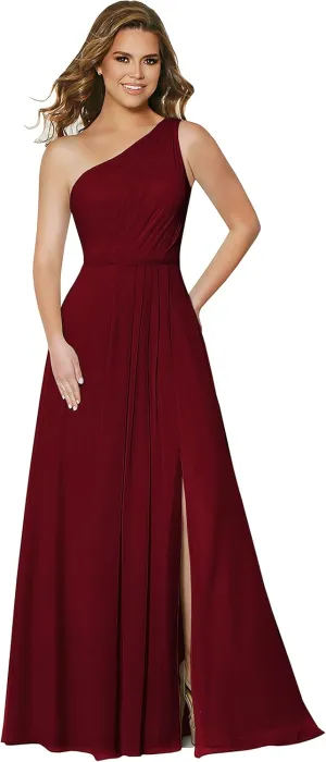 Skycity One Shoulder Bridesmaid Dresses Long Chiffon Ruched Side Slit Formal Dress with Pockets Z032