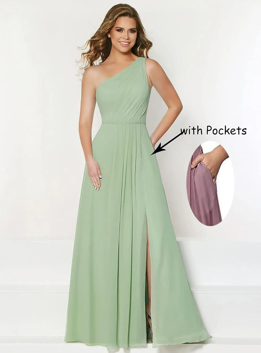 Skycity One Shoulder Bridesmaid Dresses Long Chiffon Ruched Side Slit Formal Dress with Pockets Z032