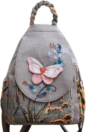 Small backpack Lady Retro Canvas tote daily use for travel work, handmade purse, butterfly literary personality backpack